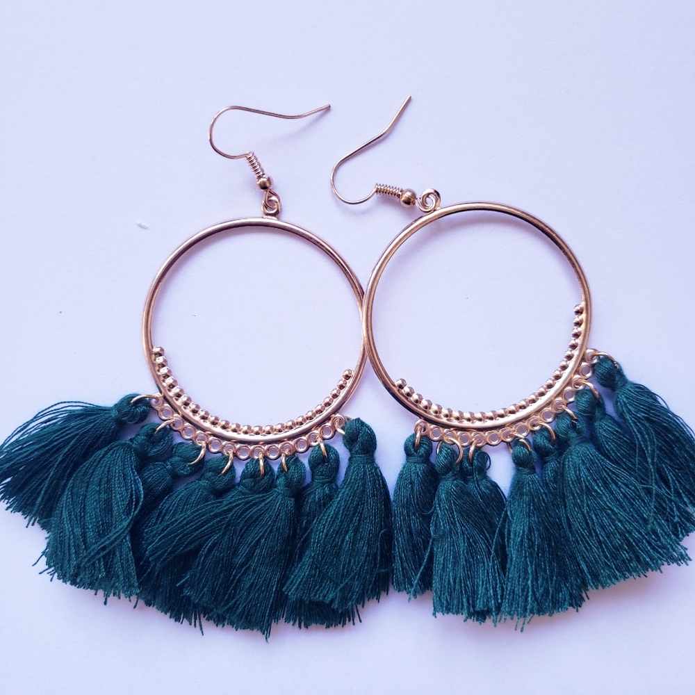 Hunter Green Tassel Boho Hoop Earrings